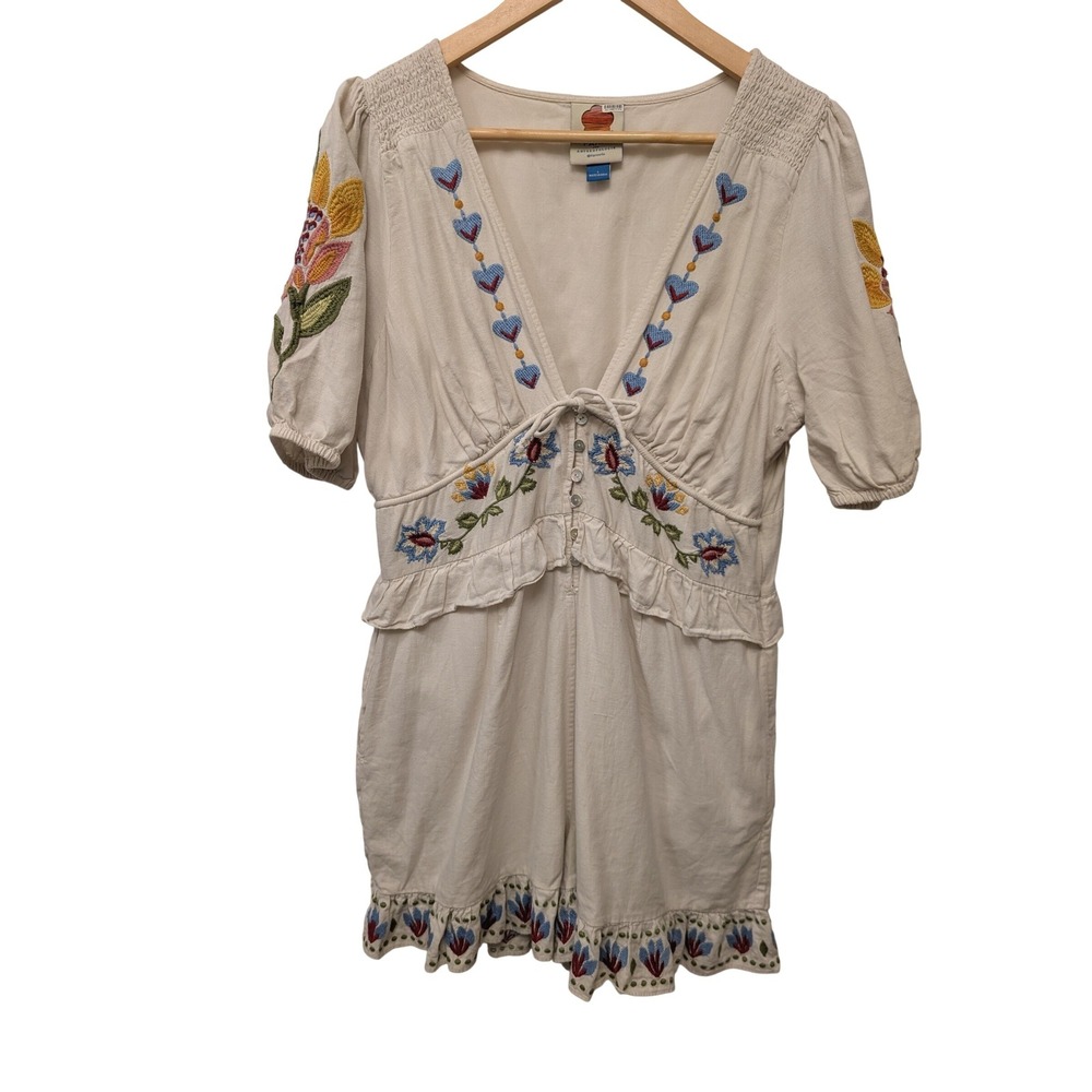 Farm Rio Cream‎ Floral Embroidered Linen Blend Romper V-Neck Puff Sleeve Boho - Picture 2 of 10